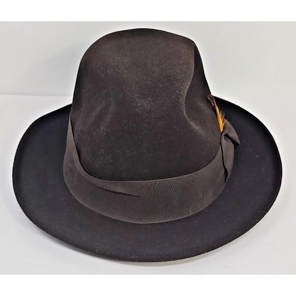 Vintage Godfather Dyna Felt Fedora Brown Hat W/ Feathers 7 1/8" Bee Hats U151 - Picture 2 of 9